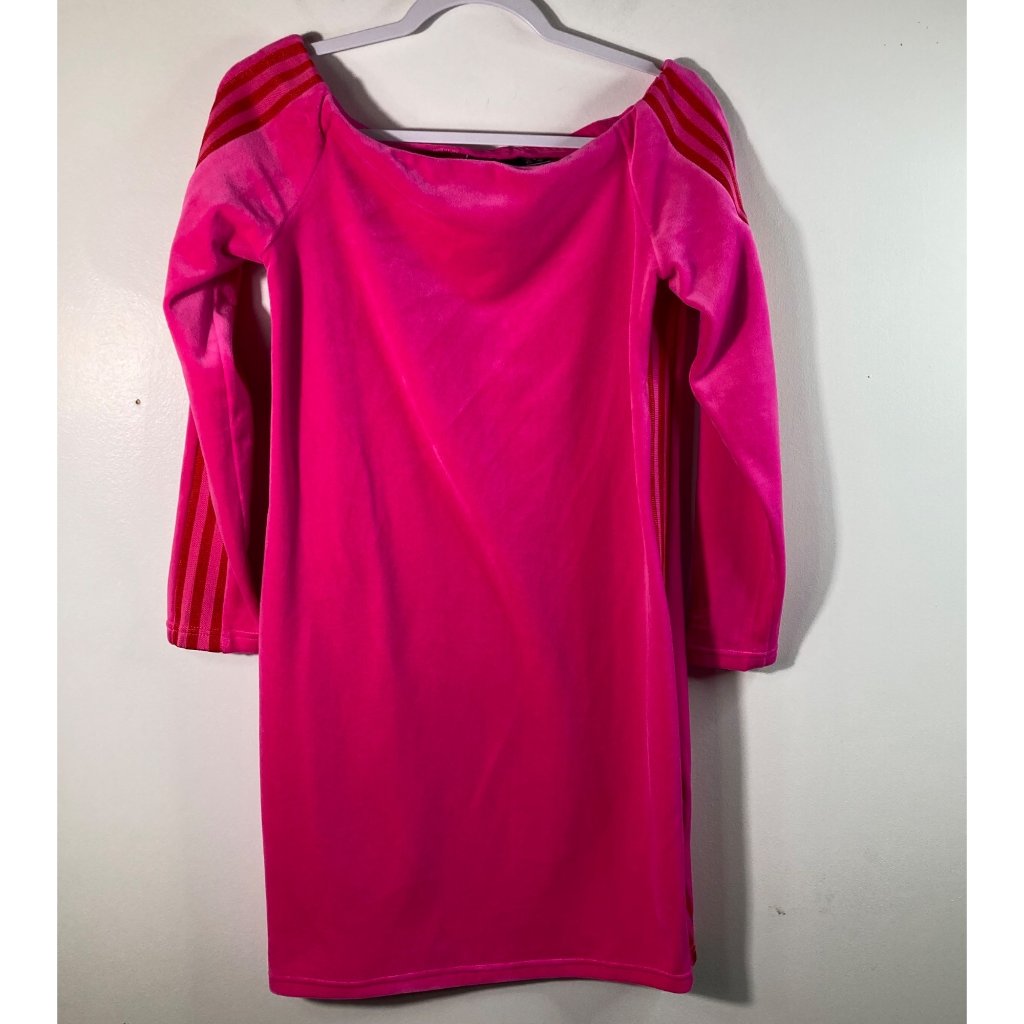 Adidas Ivy Park Off Shoulder Body Con Velour Dress 1x Pink Red Stripes